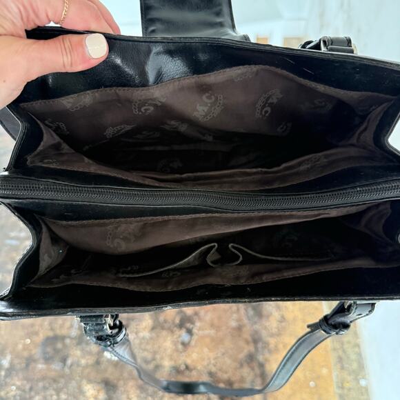 M.C. Croc Embossed Shoulder Bag Woven Flap Heart Charm Black Brown Satchel Purse - Picture 9 of 14